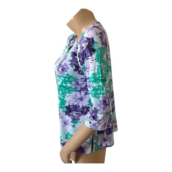 ALFRED DUNNER Womens Petite Size PS Embellished Split Neck 3/4 Sleeve Shirt Top - Picture 2 of 6